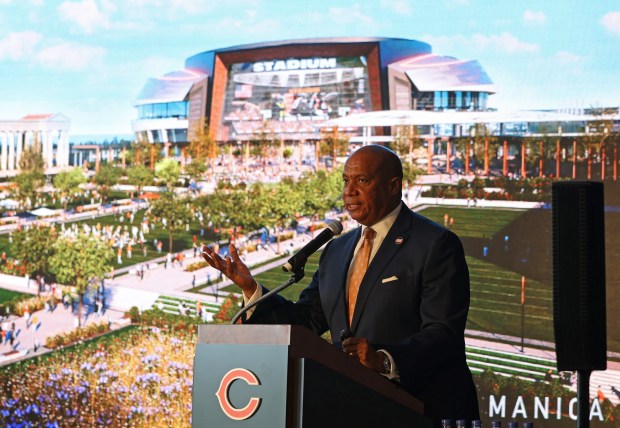 Kevin Warren, President of the Bears announces plans for a state-of-the-art enclosed stadium with open space access to the lakefront on the Museum Campus, at a Soldier Field press conference, April 24, 2024. (Brian Cassella/Chicago Tribune)