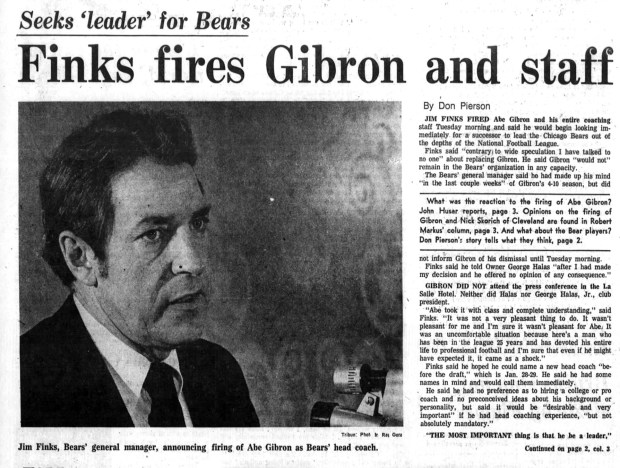 Chicago Bears coach Abe Gibron was fired by the team on Dec. 17, 1974. (Chicago Tribune)