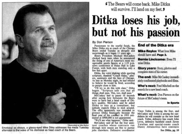 The Chicago Bears fired coach Mike Ditka on Jan. 5, 1993. (Chicago Tribune)