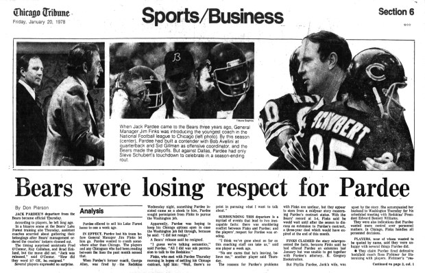 Chicago Bears head coach Jack Pardee left the organization on Jan. 19, 1978. (Chicago Tribune)