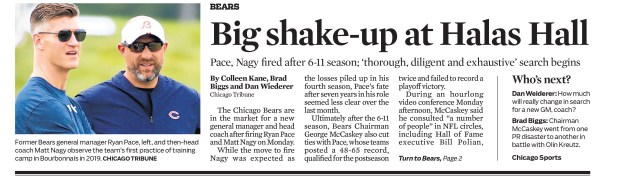 Chicago Bears coach Matt Nagy and general manager Ryan Pace were both fired on Jan. 10, 2022, by the organization. (Chicago Tribune)