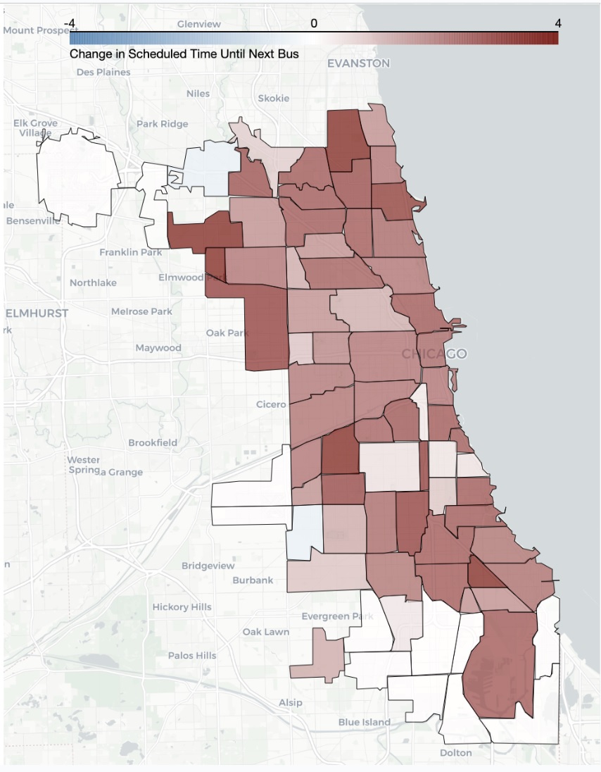 A map shows how CTA scheduled bus service decreased in...