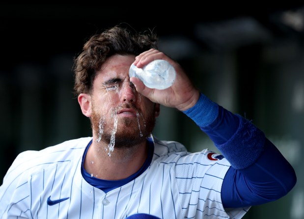 Cubs outfielder Cody Bellinger pours water on himself to cool off on a humid, 95-degree day before a game against the Giants on June 16, 2024, at Wrigley Field. (Stacey Wescott/Chicago Tribune)