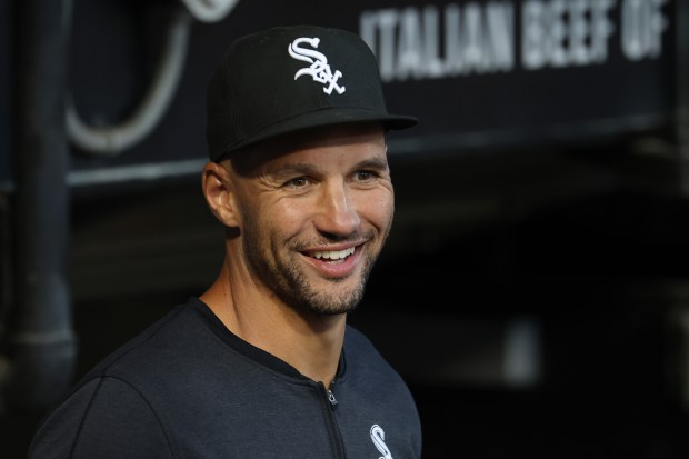 White Sox interim manager Grady Sizemore stands in the dugout before a game against the Tigers at Guaranteed Rate Field on Aug. 23, 2024, in Chicago. (John J. Kim/Chicago Tribune)