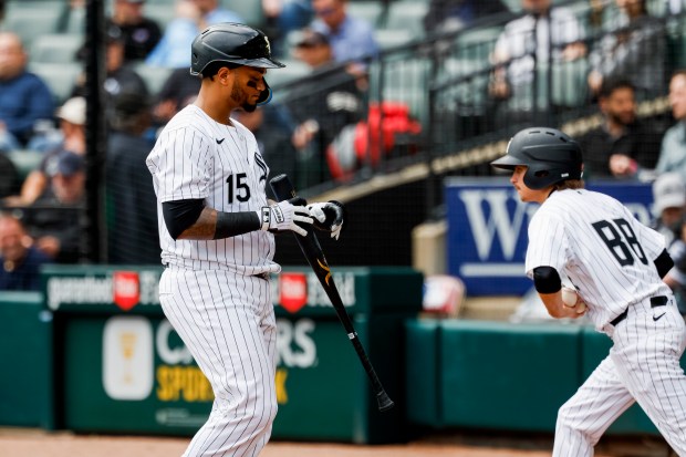 White Sox catcher Martín Maldonado reacts after striking out against the Royals on April 17, 2024, at Guaranteed Rate Field. (Vincent Alban/Chicago Tribune)