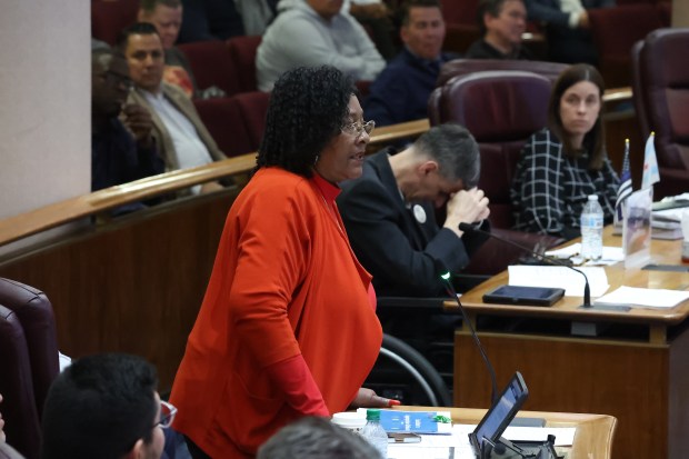 Chicago Ald. Emma Mitts, 37th, comments on a pending vote on a proposed city budget during a City Council meeting at City Hall on Dec. 16, 2024. (Terrence Antonio James/Chicago Tribune)