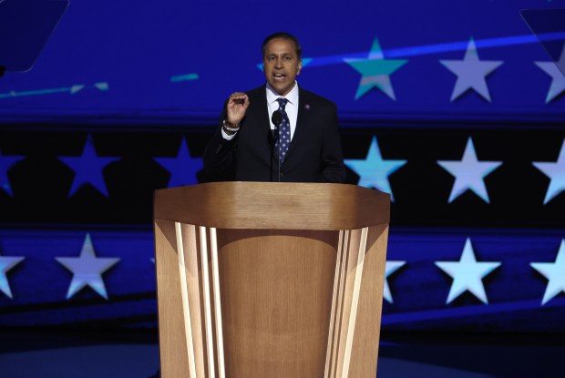 U.S. Rep. Raja Krishnamoorthi of Illinois speaks at the Democratic National Convention at the United Center on Aug. 22, 2024. (Chris Sweda/Chicago Tribune)