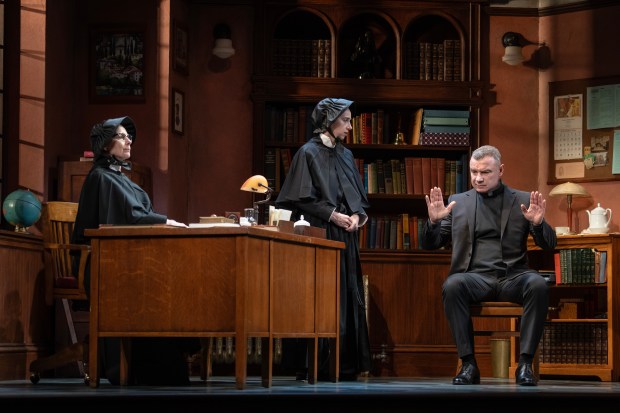 Amy Ryan (as Sister Aloysius), Zoe Kazan (Sister James) and Liev Schreiber (Father Flynn) in Roundabout Theatre Company's Broadway production of "Doubt: A Parable" at the Todd Haimes Theatre in New York.