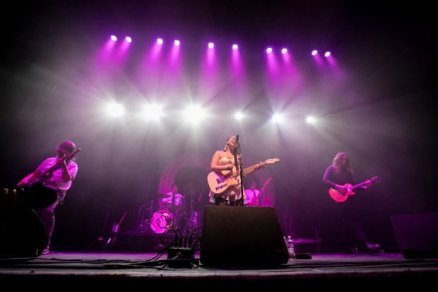 Lili Trifilio, center, and Beach Bunny perform at Thalia Hall on Dec. 28, 2024. (Vincent D. Johnson/for the Chicago Tribune)