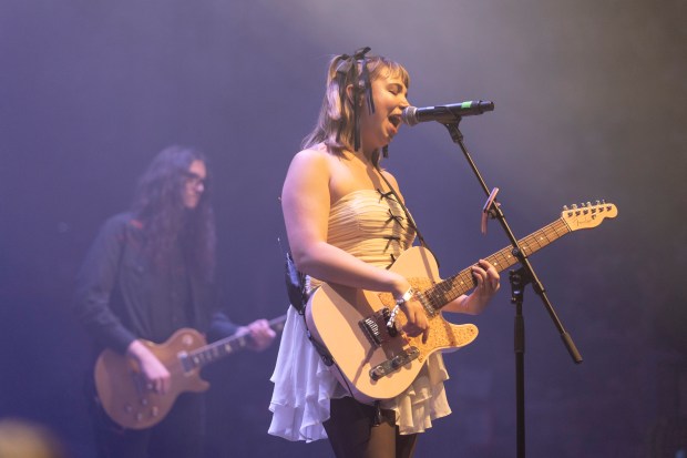 Lili Trifilio of Beach Bunny on stage at Thalia Hall on Dec. 28, 2024. (Vincent D. Johnson/for the Chicago Tribune)