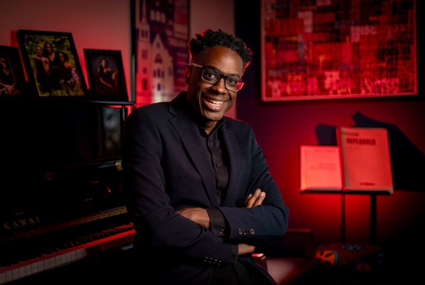 Composer Shawn Okpebholo on Dec. 12, 2024, at Wheaton College's Conservatory of Music. (Brian Cassella/Chicago Tribune)