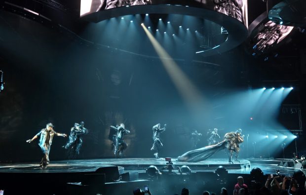 Missy Elliott and her dance team perform at the Allstate Arena in Rosemont on Aug. 22, 2024, as part of her Out of This World: The Experience tour. (Bob Gendron for the Chicago Tribune)