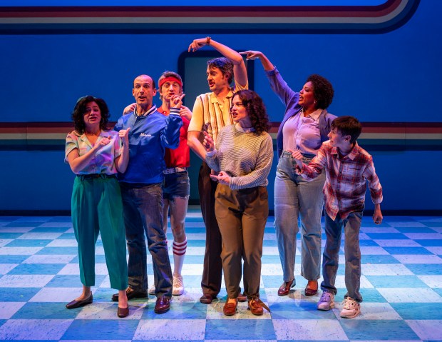 Elizabeth Stenholt, Stephen Schellhardt, Jack Ball, Jackson Evans, Sarah Bockel, Sharriese Hamilton and Charlie Long in "Falsettos" at Court Theatre. (Michael Brosilow)