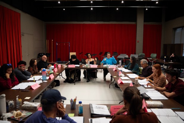 The cast and crew of the new musical "Broken Eggs" run through a table reading at the Goodman Theatre, Dec. 2, 2024. (E. Jason Wambsgans/Chicago Tribune)