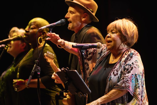 Mavis Staples performs with her band during her 85th Hometown Birthday Celebration at the Auditorium Theatre in Chicago on Dec. 6, 2024. (Troy Stolt / for the Chicago Tribune)