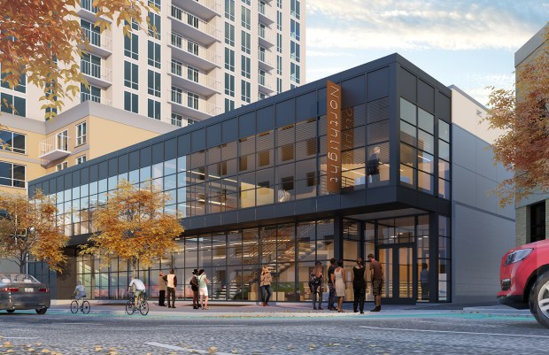 Renderings of the planned new home for Northlight Theatre at 1012 Church St. in Evanston. The theater building expected to open for performances in fall 2026. (Eckenhoff Saunders)