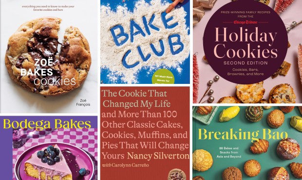 Cookbooks for 2024, clockwise from top left: "Zoë Bakes Cookies" by Zoë François, "Bake Club" by Christina Tosi and Shannon Salzano, "Holiday Cookies" by Chicago Tribune, "Breaking Bao" by Clarice Lam, "The Cookie That Changed My Life" by Nancy Silverton and Carolynn Carreño and "Bodega Bakes" by Paola Velez. (Penguin Random House/Chicago Tribune/Union Square & Co./Chronicle Books)