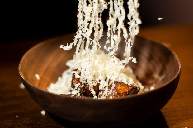 Sunchoke and Pleasant Ridge Reserve cheese at Feld restaurant on Dec. 18, 2024. (Tess Crowley/Chicago Tribune)