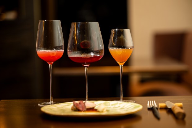 Housemade cordials, including blood peach, red beet and smoked apple, and the dry aged Moulard duck dish at Feld restaurant. (Tess Crowley/Chicago Tribune)