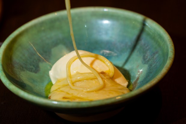 Rush Creek Reserve cheese over ice cream at Feld restaurant. (Tess Crowley/Chicago Tribune)