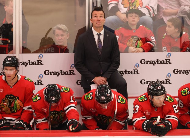 Then-Blackhawks head coach Luke Richardson views a video replay in the first period against the Predators at the United Center on Oct. 25, 2024. The Blackhawks fired Richardson from his head coach position on Dec. 5, 2024. (John J. Kim/Chicago Tribune)