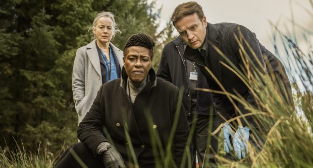 From left: Amanda Drew, Sharon D. Clarke and Andrew Gower in "Inspector Ellis." (Steffan Hill/AcornTV)