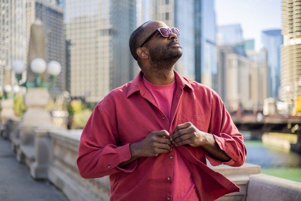 First-time feature filmmaker RaMell Ross poses on Wacker Drive in Chicago on Oct. 23, 2024. (Tess Crowley/Chicago Tribune)