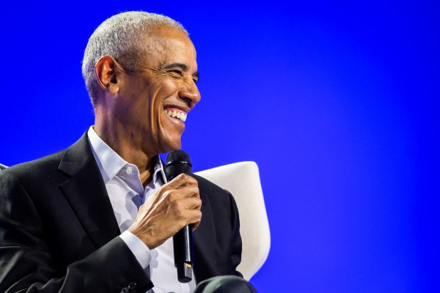 Former President Barack Obama moderates a conversation with three leaders at the 2024 Democracy Forum at the Marriott Marquis on Dec. 5, 2024. (Tess Crowley/Chicago Tribune)