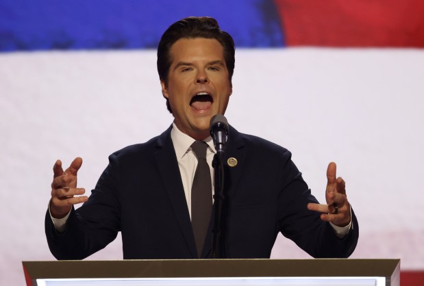 U.S. Rep. Matt Gaetz speaks during the Republican National Convention session at Fiserv Forum on July 17, 2024, in Milwaukee. (John J. Kim/Chicago Tribune)