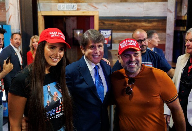 Former Illinois Gov. Rod Blagojevich speaks with attendees during a Serbs for Trump 2024 event at RWB Milwaukee bar during the Republican National Convention on July 17, 2024, in Milwaukee. (Armando L. Sanchez/Chicago Tribune)