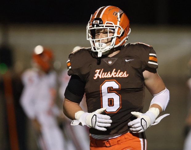 Hersey's Logan Farrell returns to the sideline during a first-round Class 7A playoff game against Wheaton Warrenville South on Oct. 28, 2023, in Arlington Heights. (H. Rick Bamman/For Pioneer Press)