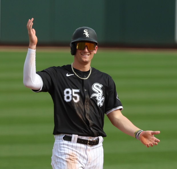 White Sox shortstop prospect Colson Montgomery plays in a spring training game against the Mariners at Camelback Ranch on Feb. 24, 2024, in Glendale, Ariz. (Stacey Wescott/Chicago Tribune)