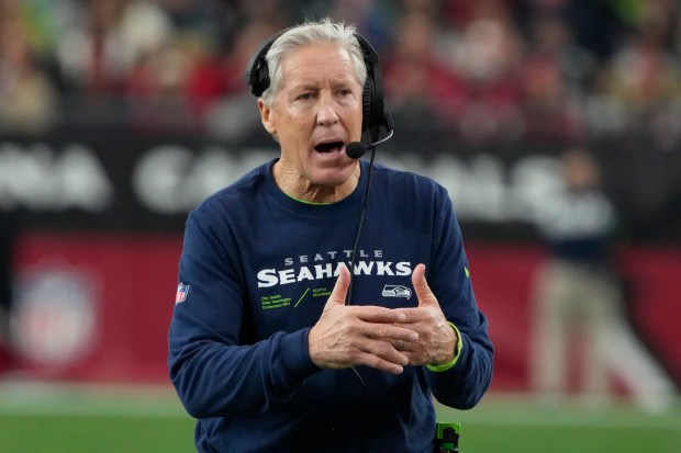 Seahawks coach Pete Carroll during a game against the Cardinals on Jan. 8, 2024, in Glendale, Ariz. (AP Photo/Rick Scuteri)