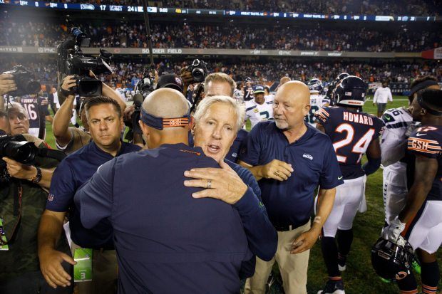 Seahawks coach Pete Carroll hugs Bears coach Matt Nagy after a 24-17 Bears victory Sept. 17, 2018, at Soldier Field. (Armando L. Sanchez/Chicago Tribune)