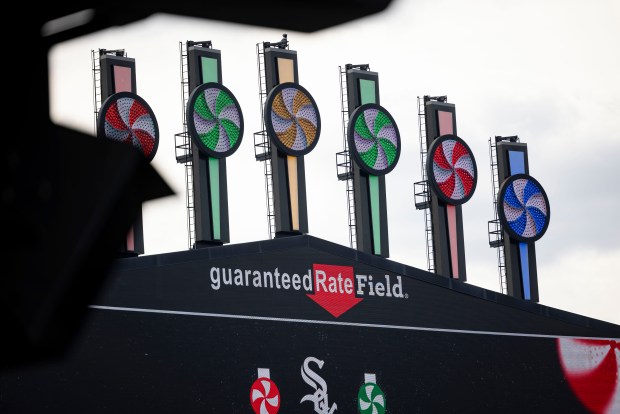 Guaranteed Rate signage on the scoreboard as the White Sox prepare for the season Thursday, March 21, 2024, at Guaranteed Rate Field. (Brian Cassella/Chicago Tribune)