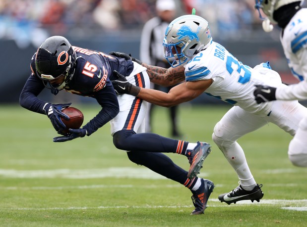 Chicago Bears wide receiver Rome Odunze (15) makes a catch in the second quarter of a game against the Detroit Lions at Soldier Field in Chicago on Dec. 22, 2024. (Chris Sweda/Chicago Tribune)