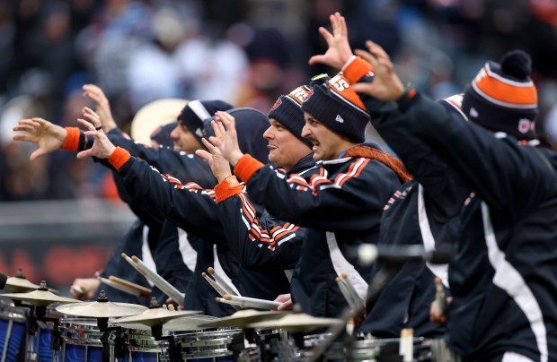 The Bears Drumline performs on the field in the fourth quarter against the Lions on Dec. 22, 2024, at Soldier Field. (Chris Sweda/Chicago Tribune)