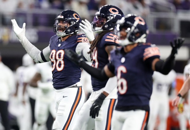 Chicago Bears defensive end Montez Sweat (98) reacts after an off sides penalty was called on him late in the second quarter at U.S. Bank Stadium in Minneapolis on Dec. 16, 2024. (Chris Sweda/Chicago Tribune)