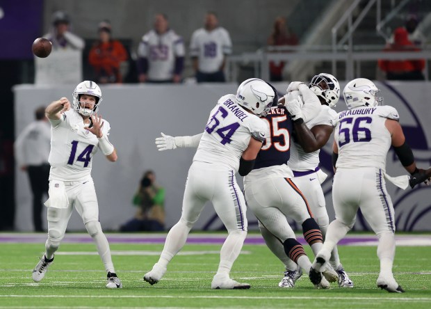 Vikings quarterback Sam Darnold throws a pass in the second quarter against the Bears at U.S. Bank Stadium in Minneapolis on Dec. 16, 2024. (Chris Sweda/Chicago Tribune)