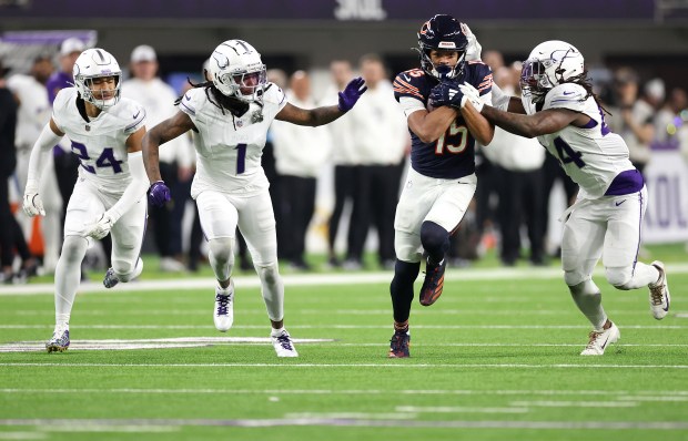 Bears wide receiver Rome Odunze runs down the field after a reception in the third quarter against the Minnesota Vikings at U.S. Bank Stadium in Minneapolis on Dec. 16, 2024. (Chris Sweda/Chicago Tribune)