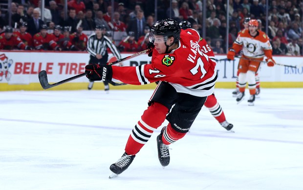 Chicago Blackhawks defenseman Alex Vlasic (72) takes a shot on goal in the first period of a game against the Anaheim Ducks at the United Center in Chicago on Nov. 19, 2024. (Chris Sweda/Chicago Tribune)