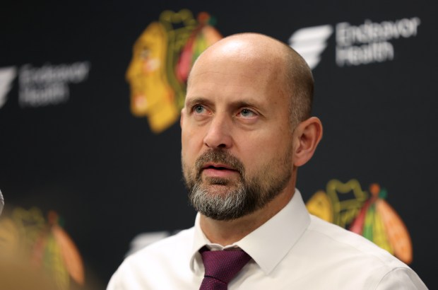 Chicago Blackhawks interim head coach Anders Sorensen speaks with the media after a loss to the Winnipeg Jets at the United Center in Chicago on Dec. 7, 2024. (Chris Sweda/Chicago Tribune)