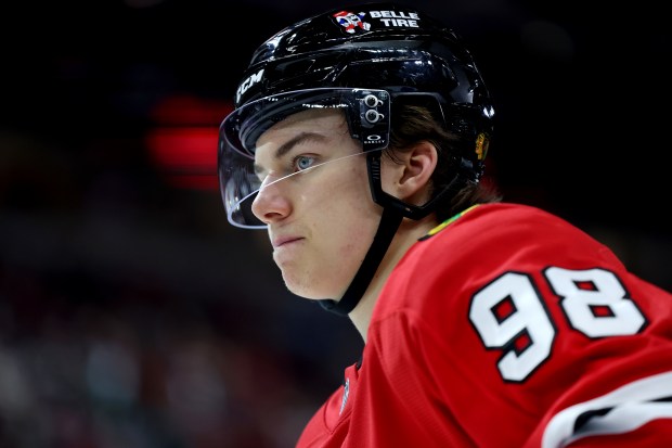 Chicago Blackhawks center Connor Bedard (98) looks on during a break in the action in the third period of a game against the Winnipeg Jets at the United Center in Chicago on Dec. 7, 2024. (Chris Sweda/Chicago Tribune)