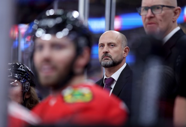 Blackhawks interim coach Anders Sorensen looks on from the bench in the second period against the Jets on Dec. 7, 2024, at the United Center. (Chris Sweda/Chicago Tribune)