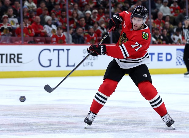 Chicago Blackhawks left wing Taylor Hall (71) makes a pass in the second period of a game against the Winnipeg Jets at the United Center in Chicago on Dec. 7, 2024. (Chris Sweda/Chicago Tribune)