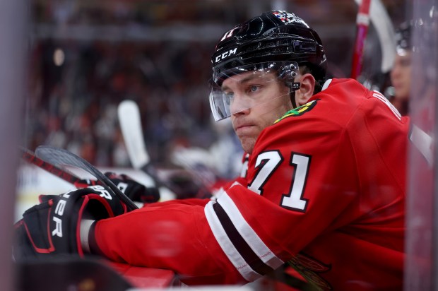 Blackhawks left wing Taylor Hall looks on from the bench in the second period against the Jets on Dec. 7, 2024, at the United Center. (Chris Sweda/Chicago Tribune)