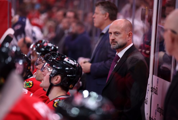 Chicago Blackhawks interim head coach Anders Sorensen looks on from the bench in the second period of a game against the Winnipeg Jets at the United Center in Chicago on Dec. 7, 2024. (Chris Sweda/Chicago Tribune)