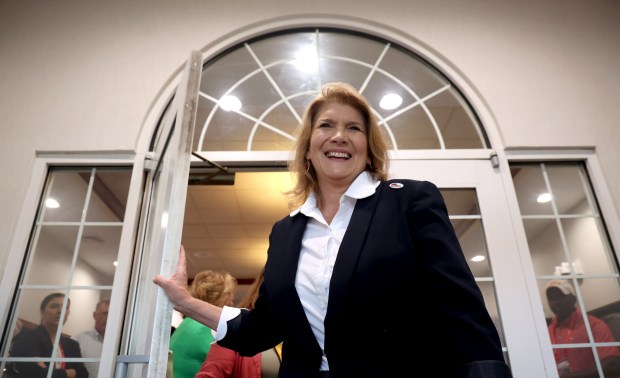 Then-Illinois GOP Chair-elect Kathy Salvi walks to speak with the media following her speech at the Illinois Republican Party Delegation breakfast in Oak Creek, Wisconsin, on July 17, 2024. (Stacey Wescott/Chicago Tribune)