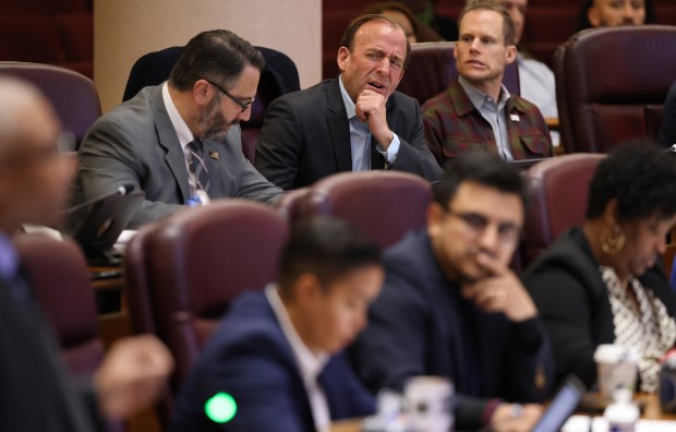 Ald. Brendan Reilly watches as City Council members argue over a motion during a procedural vote on Mayor Brandon Johnson's 2025 budget at City Hall on Dec. 11, 2024. (Antonio Perez/Chicago Tribune)