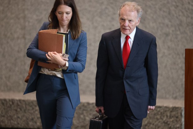 Former Speaker of the House Michael Madigan arrives with his attorney Lari Dierks for his trial at the Dirksen U.S. Courthouse, Nov. 4, 2024. (Antonio Perez/Chicago Tribune)